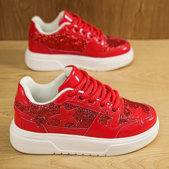 Outlet OUKU Women's Red Glitter Star Sneakers - Stylish Patent Faux Leather Design with Comfortable White Sole for Casual and Party Wear