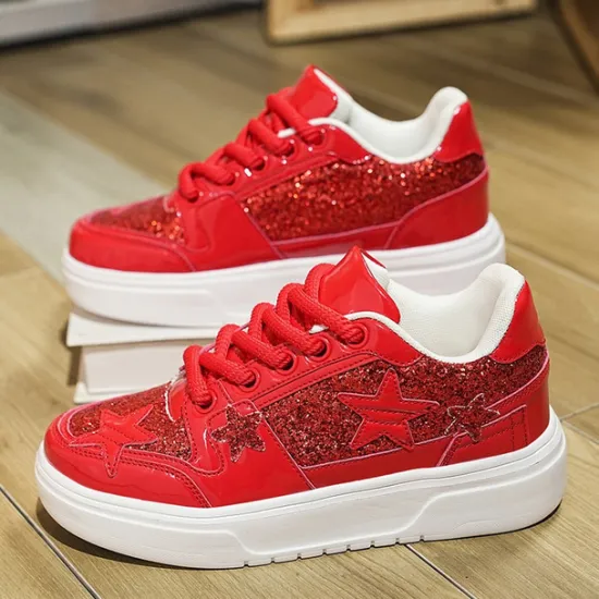 Outlet OUKU Women's Red Glitter Star Sneakers - Stylish Patent Faux Leather Design with Comfortable White Sole for Casual and Party Wear