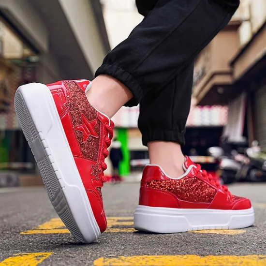 Outlet OUKU Women's Red Glitter Star Sneakers - Stylish Patent Faux Leather Design with Comfortable White Sole for Casual and Party Wear