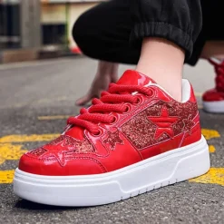 Outlet OUKU Women's Red Glitter Star Sneakers - Stylish Patent Faux Leather Design with Comfortable White Sole for Casual and Party Wear