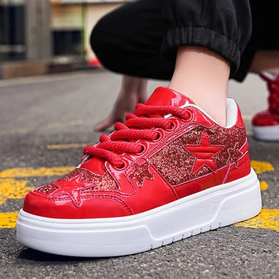 Outlet OUKU Women's Red Glitter Star Sneakers - Stylish Patent Faux Leather Design with Comfortable White Sole for Casual and Party Wear