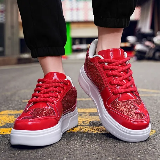 Outlet OUKU Women's Red Glitter Star Sneakers - Stylish Patent Faux Leather Design with Comfortable White Sole for Casual and Party Wear