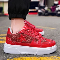 Outlet OUKU Women's Red Glitter Star Sneakers - Stylish Patent Faux Leather Design with Comfortable White Sole for Casual and Party Wear